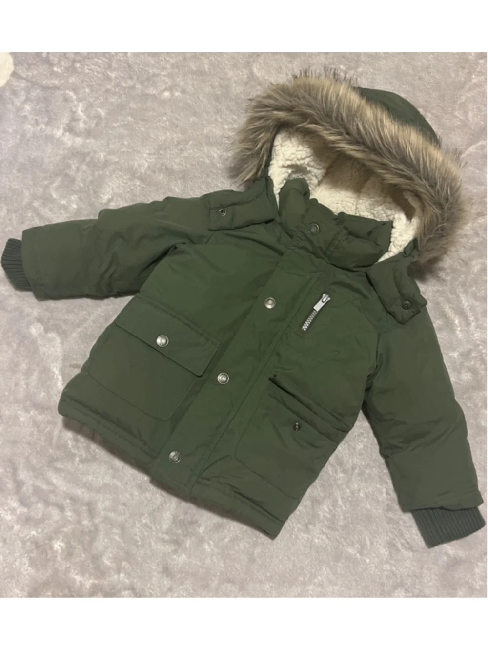 Boys Old Navy Water Resistant Hooded Snow Puffer Jacket 2T Green Faux Fur UNISEX - Picture 2 of 10